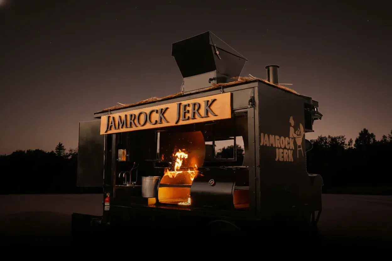 The Jamrock Jerk live-fire cart at night, fire blazing in the smoker, warm charcoal sky