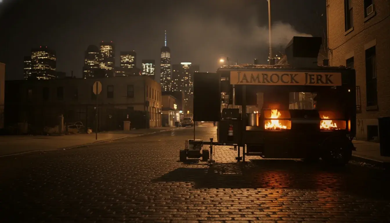 The Jamrock Jerk cart firing at night on a Brooklyn street, Manhattan skyline behind